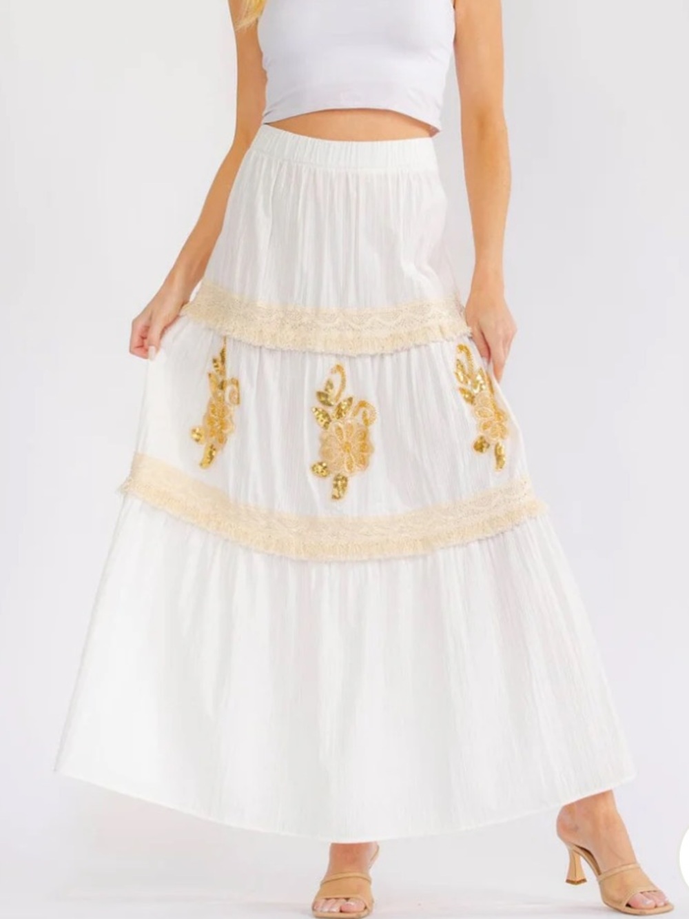 Bohemian womans White Maxi Skirt with Gold Embroidery Size S-M-L